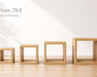 Oak Cube Table – Solid Wood Coffee Table - Minimalist Cube Shelf – Small Space Furniture – Modern Oak Bedside Table