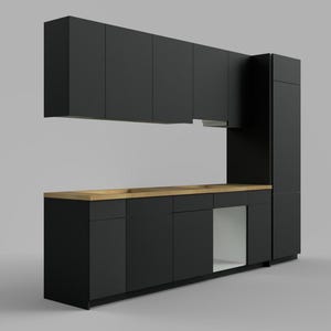 May include: Modern black kitchen cabinetry with a light wood countertop. The design includes upper cabinets, base cabinets, and a tall cabinet. The overall aesthetic is minimalist and contemporary, suitable for a modern home.