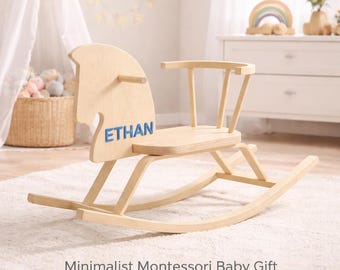 Custom Name Wooden Rocking Horse, Minimalist Montessori Baby Gift, Personalized Toddler Toy, 1st Birthday Keepsake
