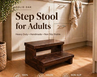 Massief eiken opstapje voor volwassenen, zware houten kruk, keukenhulp, handgemaakte meubels, stabiele antislip voetenbank