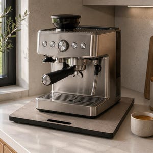 Op de afbeelding: Roestvrijstalen espressomachine met een zwarte bovenkant en handvat. De machine heeft meerdere knoppen en een filterdrager. Hij staat op een grijs oppervlak met een zwarte rand. Een kopje koffie staat op het aanrecht.