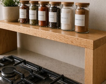 Small Space Kitchen Storage Shelf | Solid Oak Over Stove Organizer 10 cm | Countertop Spice Rack | Compact Wooden Shelf
