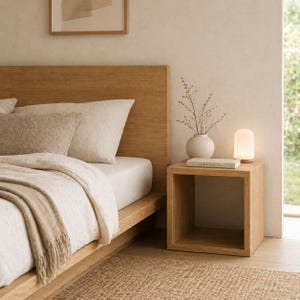 Può includere: Interno di una camera da letto con letto in legno, cuscini e coperta. Un comodino in legno ospita una lampada, un vaso con rami e un libro. La stanza è decorata in tonalità neutre, con un tappeto sul pavimento, creando un'atmosfera rilassante.