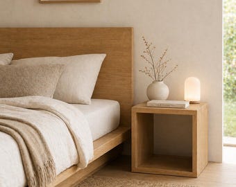 Mesa de Cabeceira Japandi em Carvalho Maciço – Mesa de Cabeceira Minimalista em Madeira Maciça, Mesa Lateral Escandinava em Formato de Cubo, Mobiliário Wabi Sabi