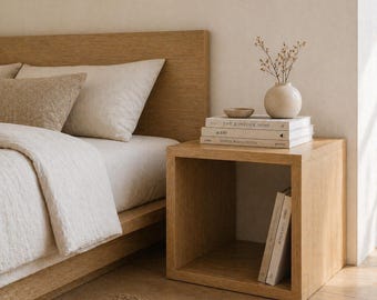 Japandi Solid Oak Nightstand – Minimalist Wooden Bedside Table, Small Night Stand Organizer, Scandinavian Style Cube Shelf