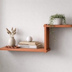 May include: A two-tiered, burnt orange wooden wall shelf. The lower shelf holds a vase with dried flowers, books, and a decorative dish. The upper shelf displays a potted plant. The shelf is mounted on a white wall.