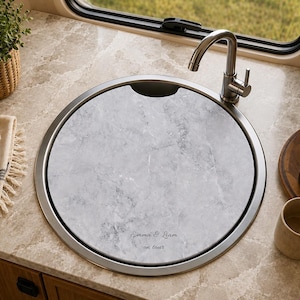 Tabla de cortar con tapa para fregadero de autocaravana y caravana con aspecto de mármol / Laminado compacto a medida / Accesorio para vehículos recreativos