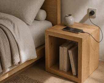 Japandi Solid Oak Nightstand – Minimalist Wooden Bedside Table, Scandinavian Night Stand, Small Cube Shelf, Wabi Sabi Furniture