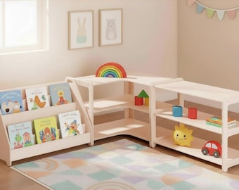 Montessori Wooden Bookshelf, Corner Toy Shelf, Plywood Storage Furniture