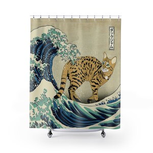 Great Wave Shower Curtain, Japanese Bathroom Decor, Cat Bathroom accessories