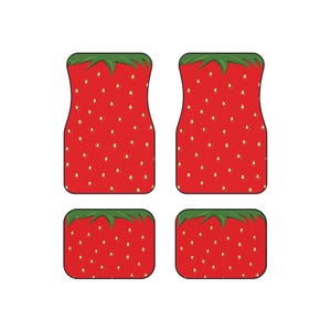 May include: A set of four car floor mats featuring a vibrant red strawberry pattern with small yellow seeds and green leafy tops. The set includes two larger front mats with contoured sides and two smaller rectangular rear floor mats.
