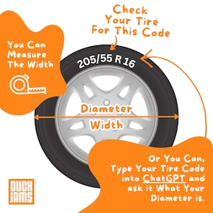 May include: A black car tire with a silver five-spoke rim, featuring the white text 205/55 R 16. Orange graphic overlays include the text Check Your Tire For This Code, You Can Measure The Width, Diameter Width, and instructions for ChatGPT.
