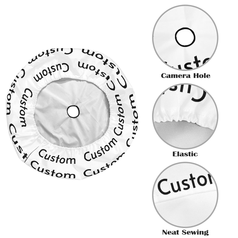 May include: A white circular fabric cover featuring the repeated black text Custom. The cover includes a central camera hole, an elasticized edge for a secure fit, and visible neat sewing along the seams, as shown in the detailed circular insets.