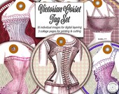 Victorian Corsets on Round Label Tags Digital Ephemera Download Set for Junk Journals, Scrapbooks, Cards and Creative Steampunk Designs