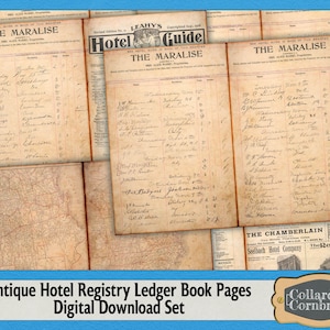 Antique Hotel Registry Ledger Book Pages Digital Download Print to Cut Kit for Junk Journaling, Card Making, Scrapbooking & Paper Crafting