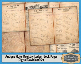 Antique Hotel Registry Ledger Pages: Junk Journal Ephemera (Digital Download)