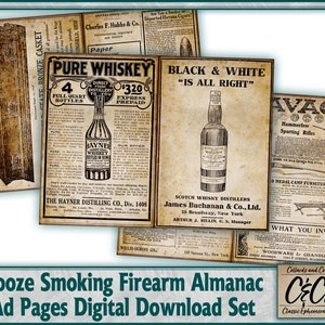 Schnaps Rauchen Schusswaffe Werbung Almanach Seiten Digital Download Print to Cut Set für Junk Journals, Kartenherstellung, Scrapbooks & Papier Handwerk