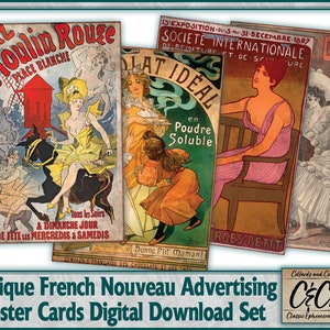 Tarjetas de carteles publicitarios del Nouveau francés antiguo Descarga digital para revistas basura, tarjetas, álbumes de recortes y proyectos y diseños de artesanía en papel