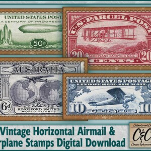 Vintage horizontal avión & correo aéreo sellos postales conjunto de descarga digital diarios basura, fabricación de tarjetas, álbumes de recortes y diseños de artesanía