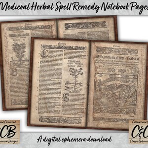 Kit de download digital de páginas de caderno de remédios de ervas medievais para diário de lixo, criação de cartões, scrapbooking e artesanato em papel
