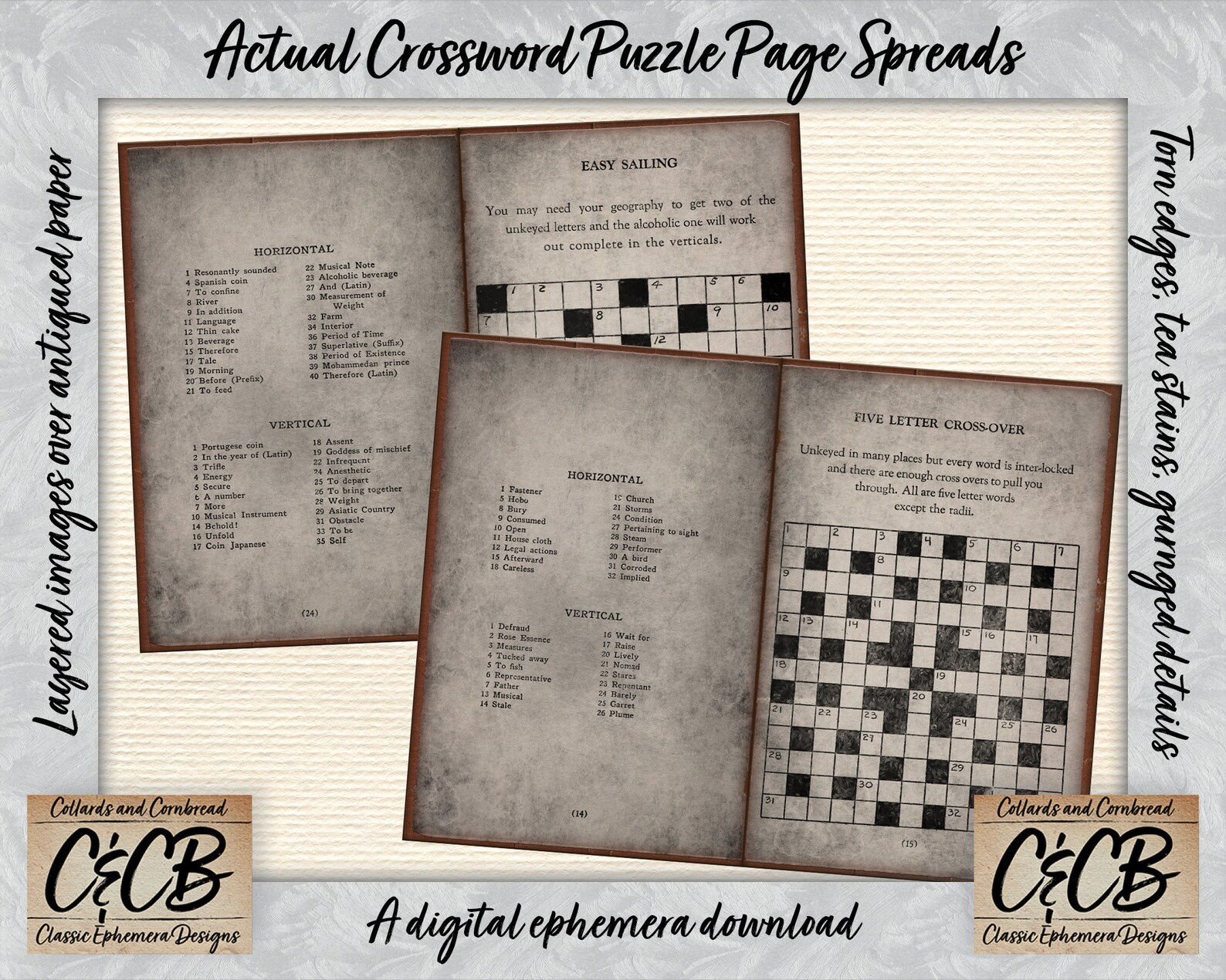 Antique Crossword Puzzle Book Grunged Journal Pages Digital Download