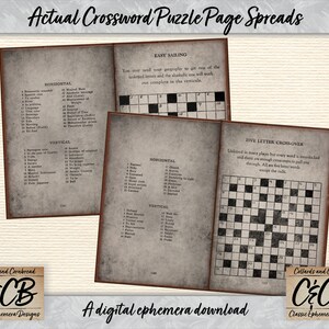 May include: Three vintage-style crossword puzzle pages with a distressed, aged paper background. The pages are titled "Easy Sailing", "Five Letter Crossover", and "Horizontal/Vertical". The pages have a brown border and are printed on a cream-colored paper.