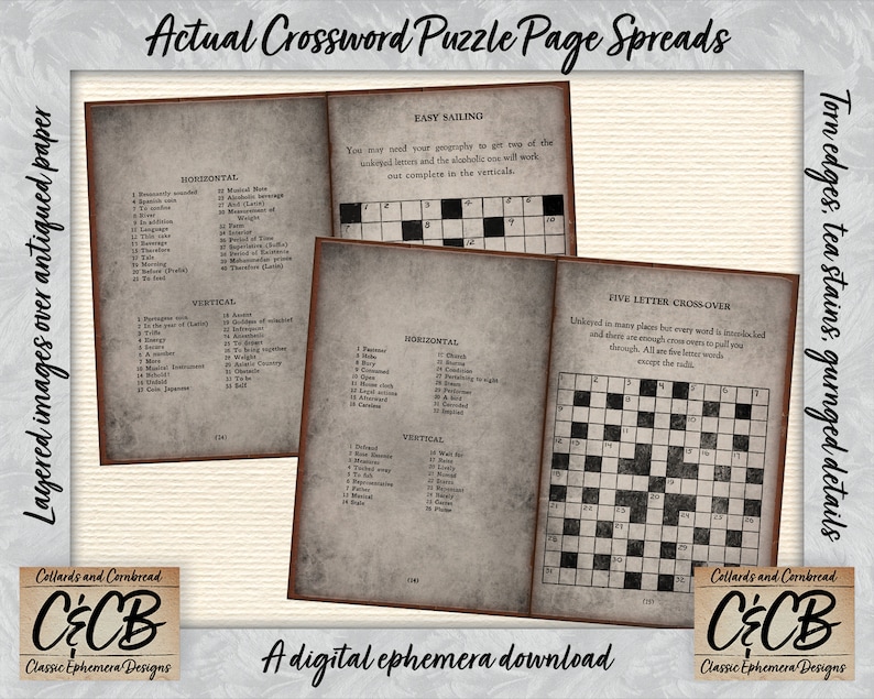 Antique Crossword Puzzle Book Grunged Journal Pages Digital Download