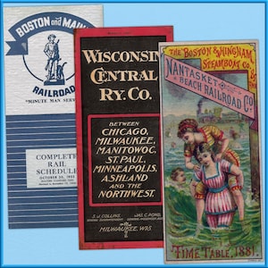 Conjunto de capas de horários de trens ferroviários antigos e vintage para download digital para diário de lixo, criação de cartões, scrapbooking e artesanato