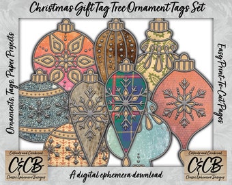 Christmas Tree Ornament Gift Tags Printable Digital Download Set for Junk Journals, Cards, Pockets, Inserts, Decor and Holiday Decor