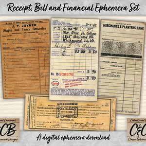 Conjunto de descarga digital de recibos, facturas y material financiero efímero para diarios basura, creación de tarjetas, proyectos y diseños de scrapbooking y manualidades con papel