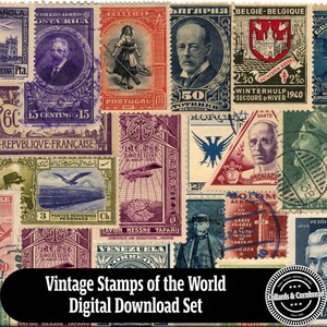 Vintage Postage Stamps of the World Digital Download Ephemera Set Junk Journals, Card Making, Scrapbooking and Crafting Designs