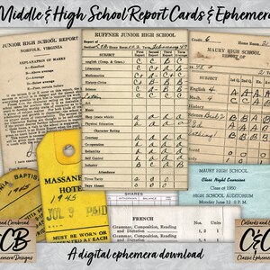 Boletins antigos, etiquetas e papéis digitais para download, conjunto de itens efêmeros para diário de lixo, criação de cartões, scrapbooking e design de colagem de papel