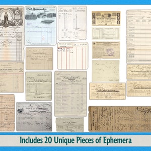 K&ouml;nnte beinhalten: Eine Sammlung von 20 Vintage-Ephemera-St&uuml;cken, darunter Quittungen, Rechnungen und andere Dokumente. Die Dokumente sind in verschiedenen Stilen und Schriftarten gehalten, und einige haben handschriftliche Notizen. Die Dokumente sind alle in Schwarzwei&szlig;, und einige sind mit der Zeit vergilbt.