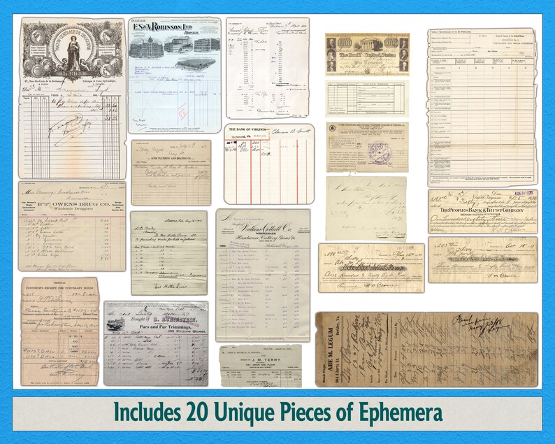 K&ouml;nnte beinhalten: Eine Sammlung von 20 Vintage-Ephemera-St&uuml;cken, darunter Quittungen, Rechnungen und andere Dokumente. Die Dokumente sind in verschiedenen Stilen und Schriftarten gehalten, und einige haben handschriftliche Notizen. Die Dokumente sind alle in Schwarzwei&szlig;, und einige sind mit der Zeit vergilbt.