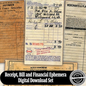 Quittung, Rechnung und finanzielle Ephemera Digital Download Set für Junk Journals, Card Making, Scrapbooking und Paper Craft Projekte und Designs