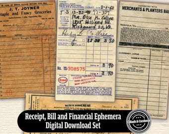 Reciept, Bill and Financial Ephemera Digital Download Set for Junk Journals, Card Making, Scrapbooking and Paper Craft Projects and Designs