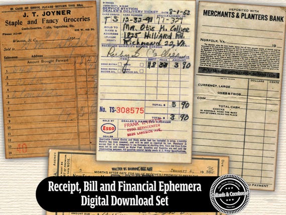 Reciept, Bill and Financial Ephemera Digital Download Set for Junk Journals, Card Making, Scrapbooking and Paper Craft Projects and Designs