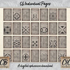 May include: A digital download of 56 printable crossword puzzles. Each puzzle measures 7.5 inches by 5 inches. The puzzles are easy to print and cut out. The image shows a collage of the puzzles, with a vintage-style background.