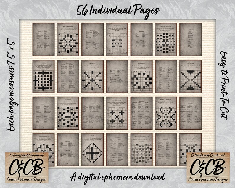 Antique Crossword Puzzle Book Grunged Journal Pages Digital Download