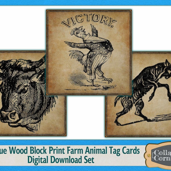 Antique Wood Block Print Farm Animal Tag Cards Digital Download Ephemera Set for Junk Journals, Card Making, Scrapbooks and Crafting Designs