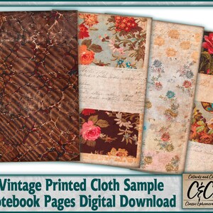 Amostra de tecido de impressão vintage, kit de download digital de páginas de caderno manuscrito para diário de lixo, criação de cartões, scrapbooking e artesanato em papel