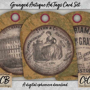 Antique Print Ads on Grunged Paper Tags Digital Download Ephemera Kit for Junk Journals, Scrapbooks, Paper Crafts, and Paper Craft Projects
