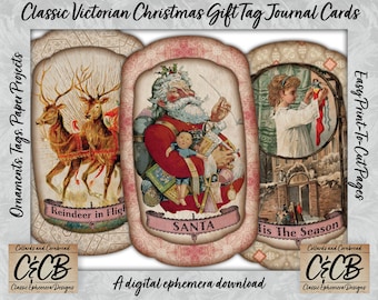 May include: Three vintage Christmas gift tags featuring illustrations of reindeer pulling a sleigh, Santa Claus holding a doll, and a child hanging a stocking. The tags are decorated with a pink ribbon and the text "Reindeer in Flight", "SANTA", and "Tis The Season".