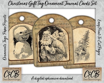 May include: Three printable Christmas gift tags featuring vintage illustrations of a snowman, Santa Claus, and a person carrying a Christmas tree. The tags are designed to look like old sheet music with a brown background and black text. The text on the tags reads "King", "thy Heavenly King", "Prince", "Heaven ly", and "Easy Print-To-Cut Pages".