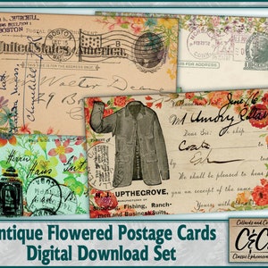 Cartes postales antiques des États-Unis superposées avec des fleurs ensemble de téléchargement numérique pour les journaux indésirables, les poches, le scrapbooking et l'artisanat