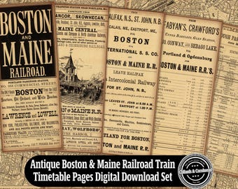 Antique Boston & Maine Railroad Train Timetable Pages Travel Ephemera, Instant Download Digital Download Set for Junk Journals, Paper Crafts