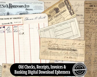 Vintage Checks and Receipts , Printable Junk Journal Ephemera, Old Banking Invoices, Financial Ledger Scans, 1920s Grunge, PDF PNG 200 DPI