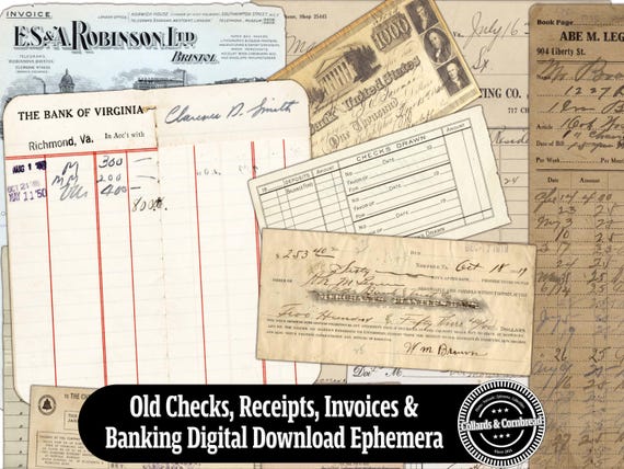 Vintage Checks and Receipts , Printable Junk Journal Ephemera, Old Banking Invoices, Financial Ledger Scans, 1920s Grunge, PDF PNG 200 DPI