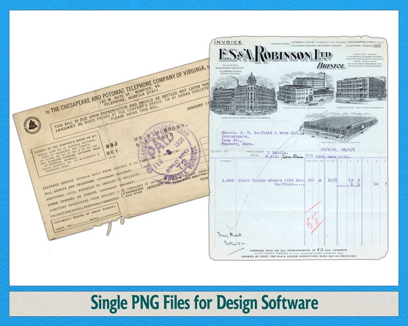K&ouml;nnte beinhalten: Eine alte Rechnung von E.S. & A. Robinson Ltd. in Bristol, England, f&uuml;r 1.000 Test-Schneiderbl&auml;tter (110 sq. in.) zu 18/6. Die Rechnung ist vom 3/4/16 und enth&auml;lt eine handschriftliche Notiz.