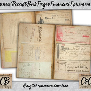 Páginas de álbumes de recortes de recibos de negocios Conjunto de descarga digital de efímera financiera para páginas de diarios basura, diseños de tarjetas, álbumes de recortes y artesanías de papel